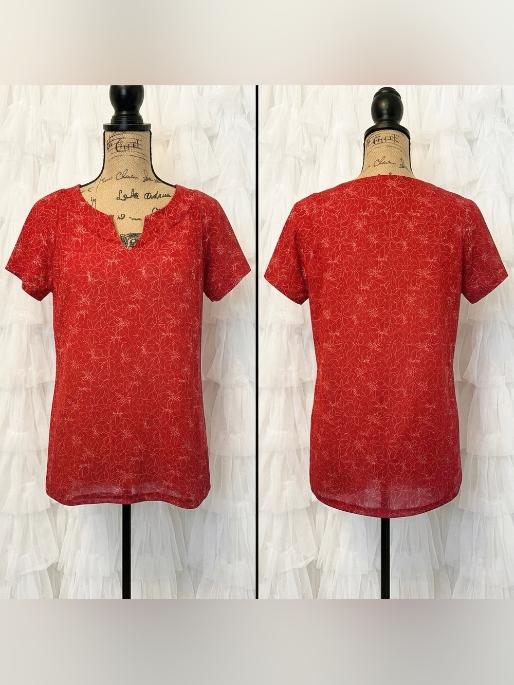 Blush Women’s Red Short Sleeve Floral Print Notch Neck Blouse Size Large